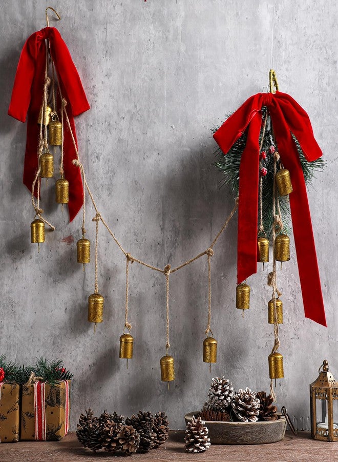 Otoolling 16 Pcs Vintage Gold Christmas Cow Bells Garland Rustic Hanging Christmas Decor for Farmhouse Xmas Metal Cow Decorative Bells Cluster on Rope with Red Bow for Banister Wall Doorway - Image 2